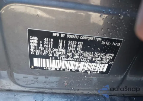 2019 Subaru Legacy 2.5I Sport from USA, damaged, VIN 4S3BNAS64K3016835